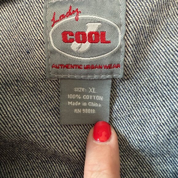 Lady J Cool Denim Jacket Y2K Urban Wear XL Patchwork Frayed Edges & Hem 2/$15 - Picture 12 of 15